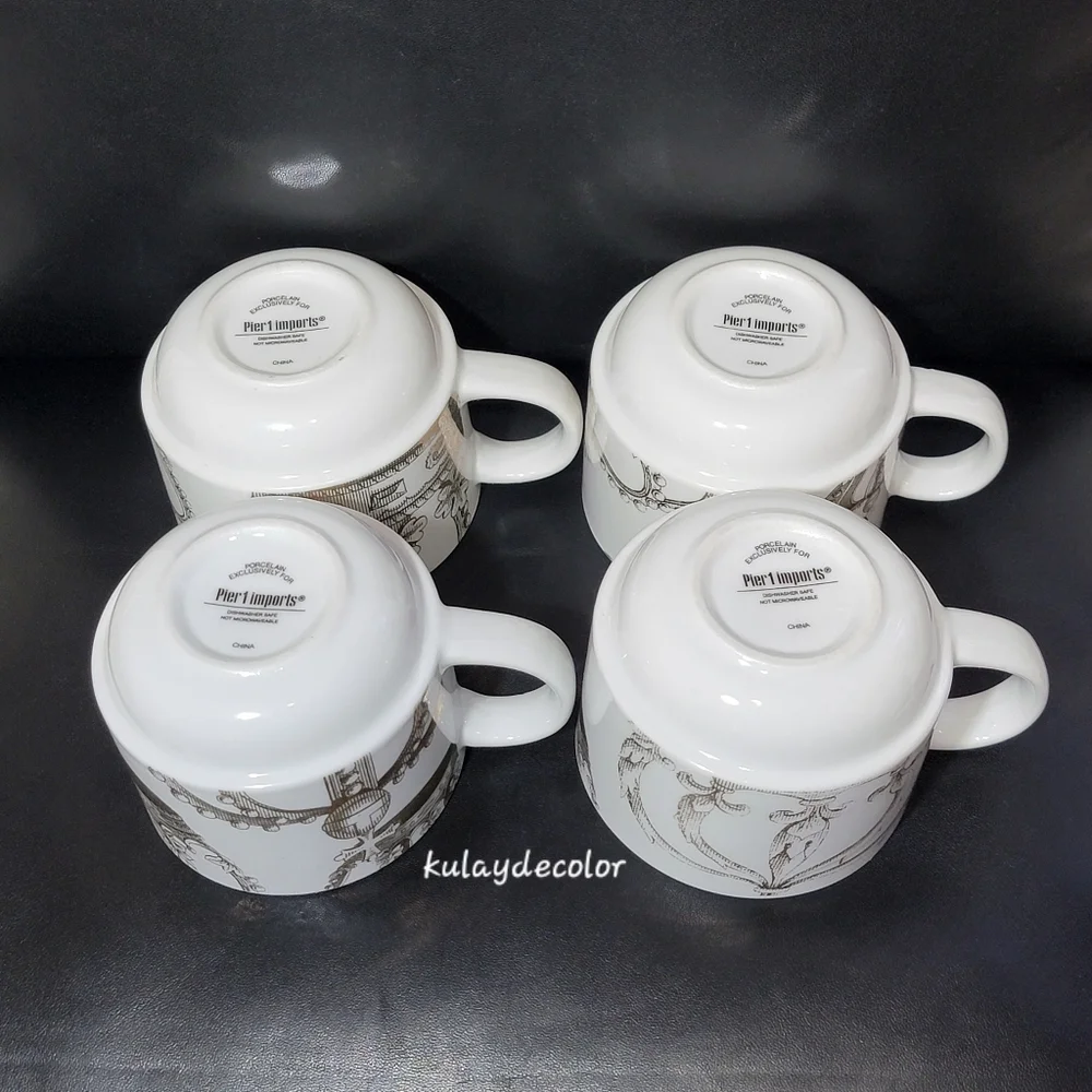 Pier 1 Imports Gold Crown Print Stacking Mugs Set w/ Gold Metal Rack Coffee Cups
